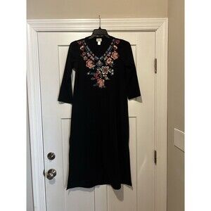 Navy Blue Multicolor Floral Embroidered Knit Dress Boho Modest  Size Medium
